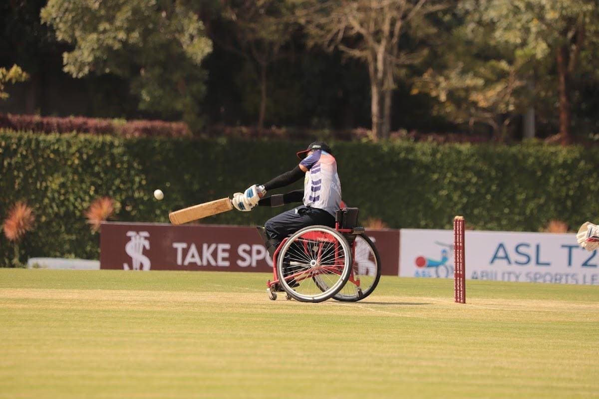 Hareesh Kumar batting in a wheelchair cricket match at the ASL T20